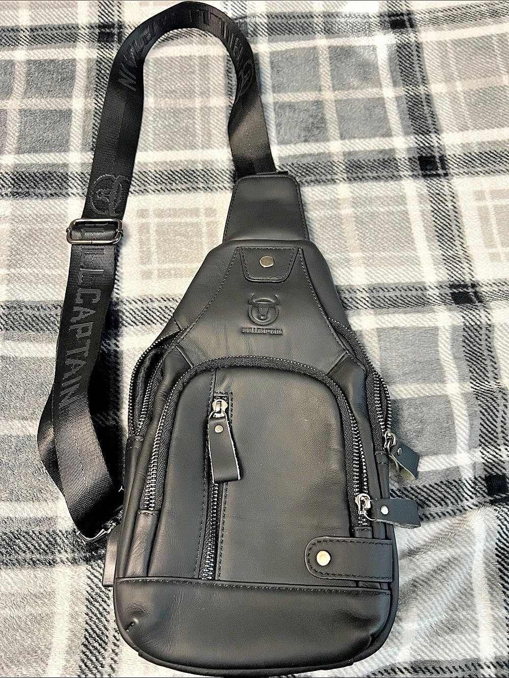 Bullcaptain Sling Bag Black Leather USB Charging Port Chest Pack Small